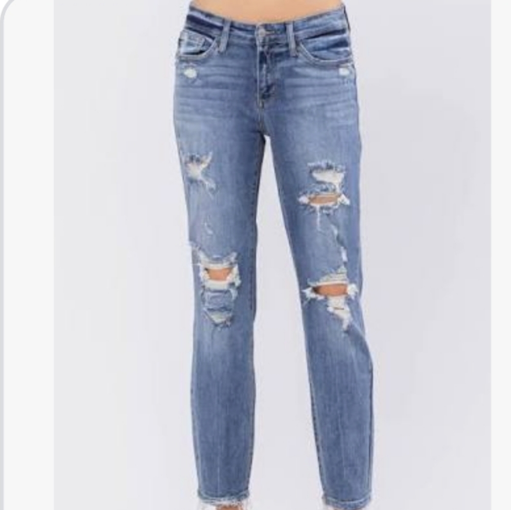 Judy Blue Mid Rise Boyfriend Distressed Jeans 82217 - Picture 5 of 8